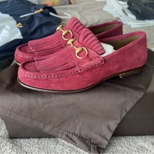 Gucci Men's Red Suede Loafers with Gold Accents